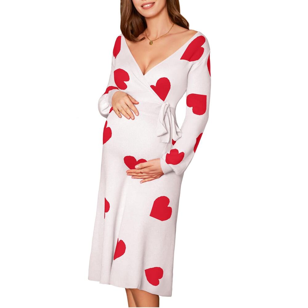 NWT Size Medium Maternity Long Sleeve V Neck Wrap Dress with heart print